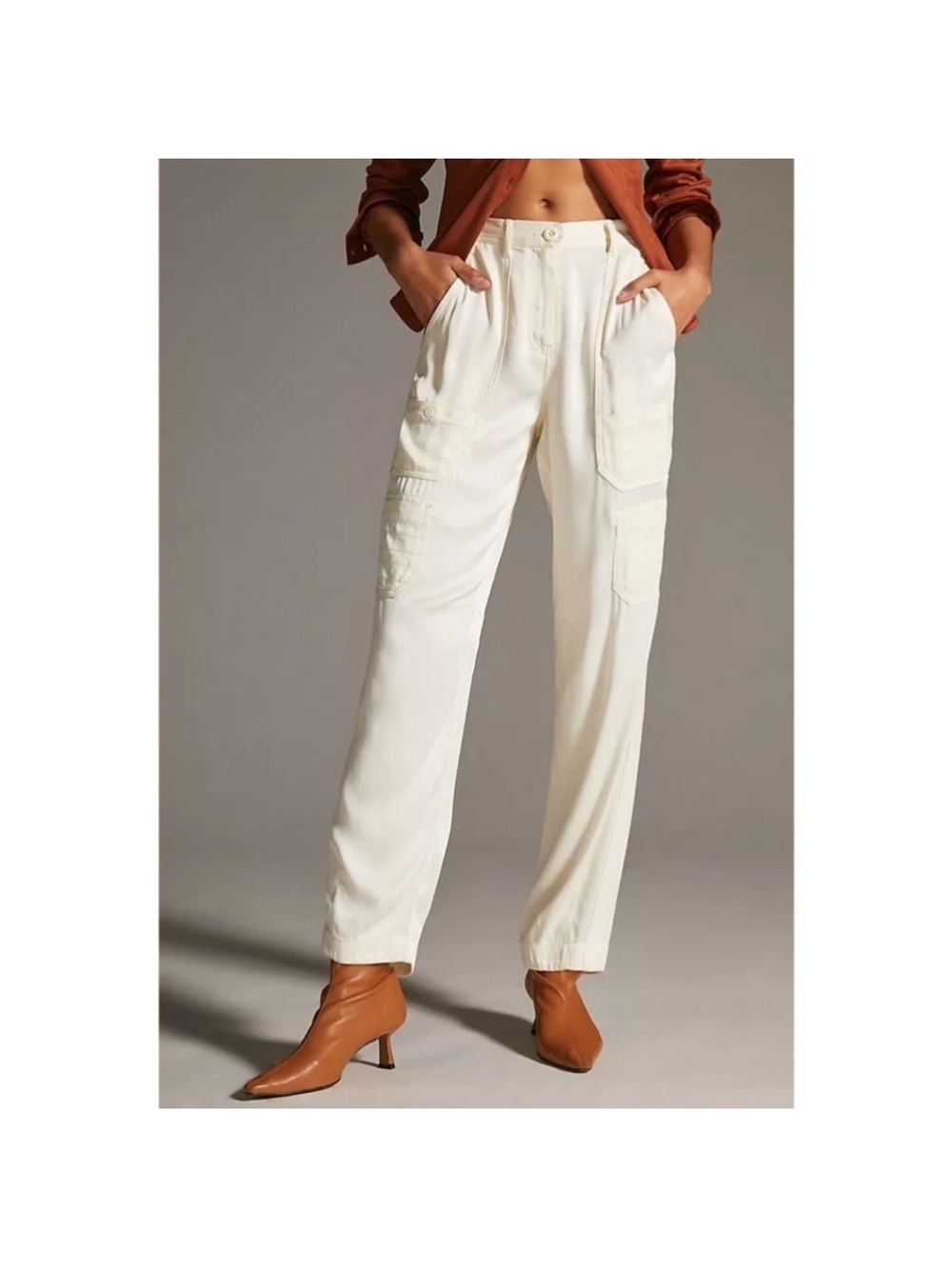Maeve Anthropologie White Cream Port Side Satin Utility Cargo Pants